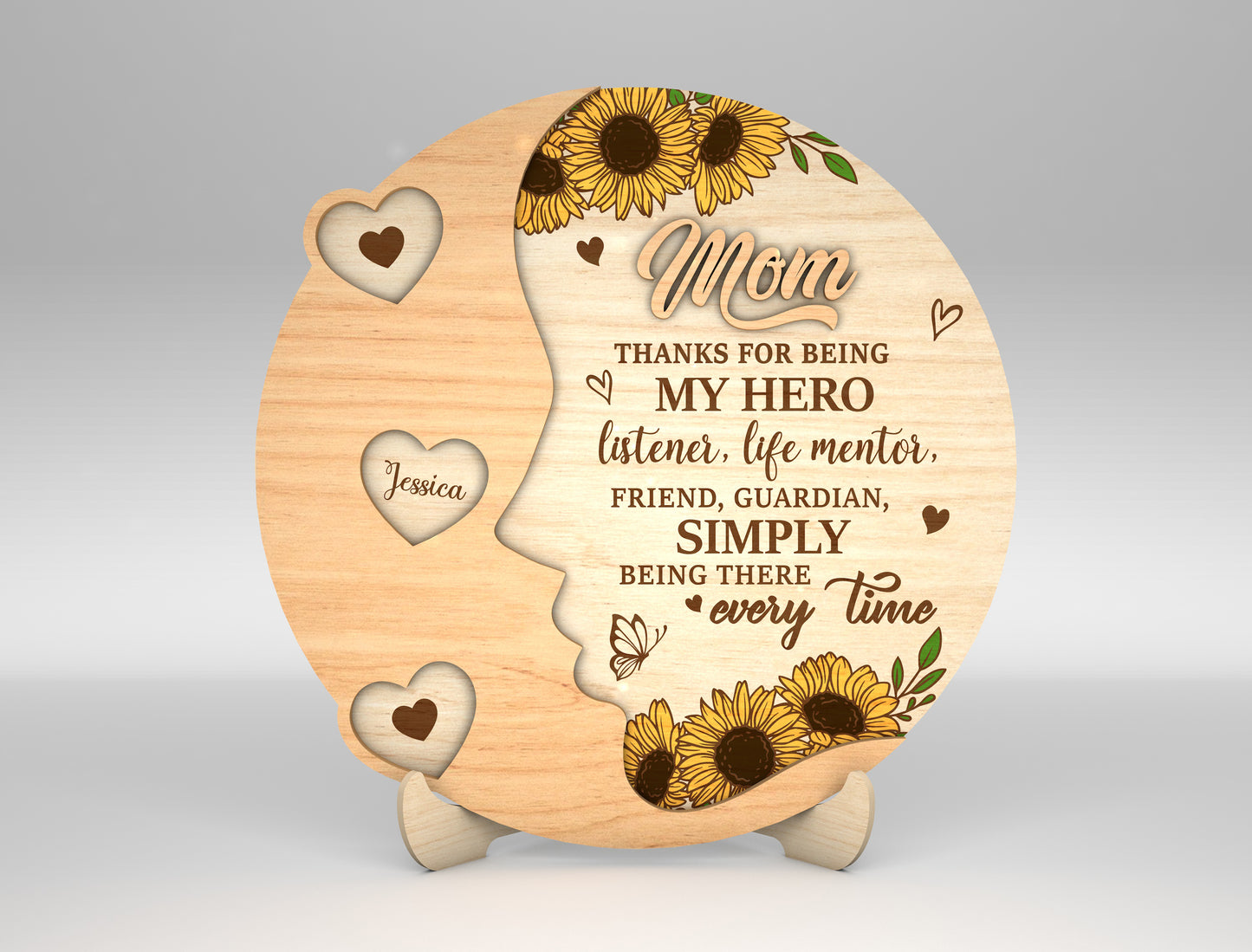 Mom Sunflower Round Heart Name Sign SVG for Glowforge and xTool