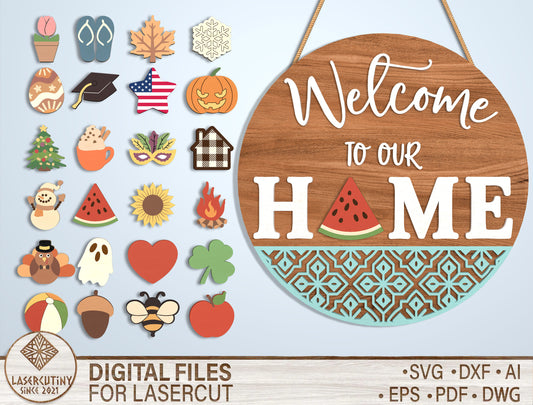 Interchangeable Welcome Door Sign SVG Bundle for xTool and Glowforge