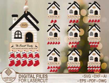 Personalized Christmas Family House Ornament Laser Cut File | Ready to Cut | Glowforge, xTool, LightBurn, etc.