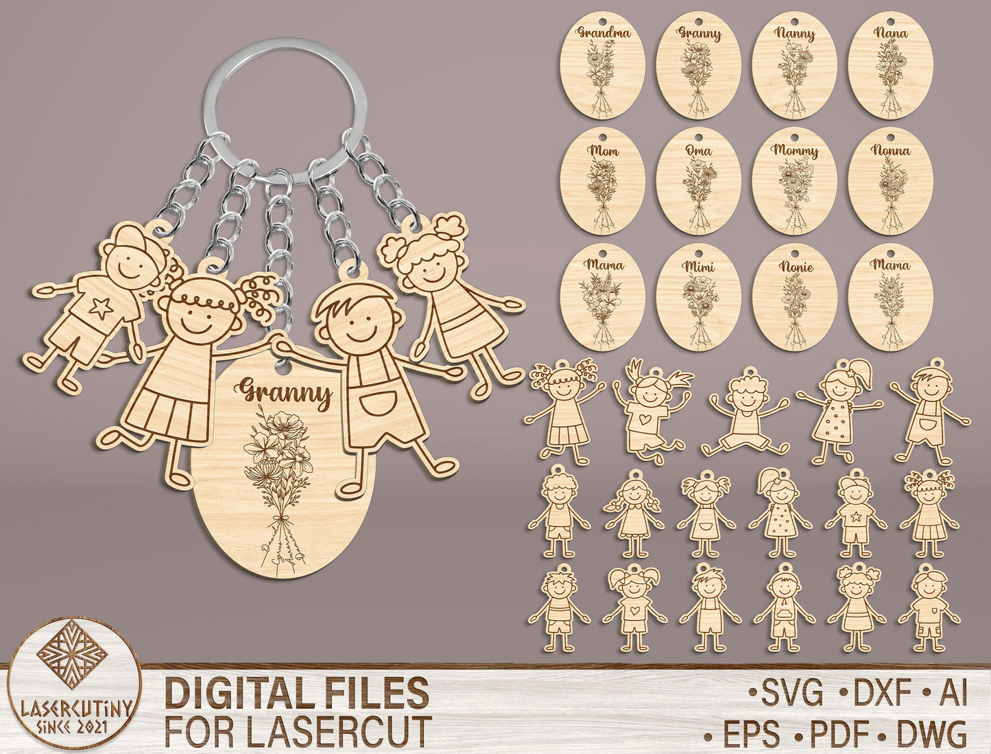 Mom Title Floral Keychain SVG Bundle for LightBurn and Glowforge