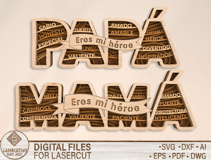 Papa and Mama Eres Mi Heroe Spanish Family Sign SVG for xTool and Glowforge