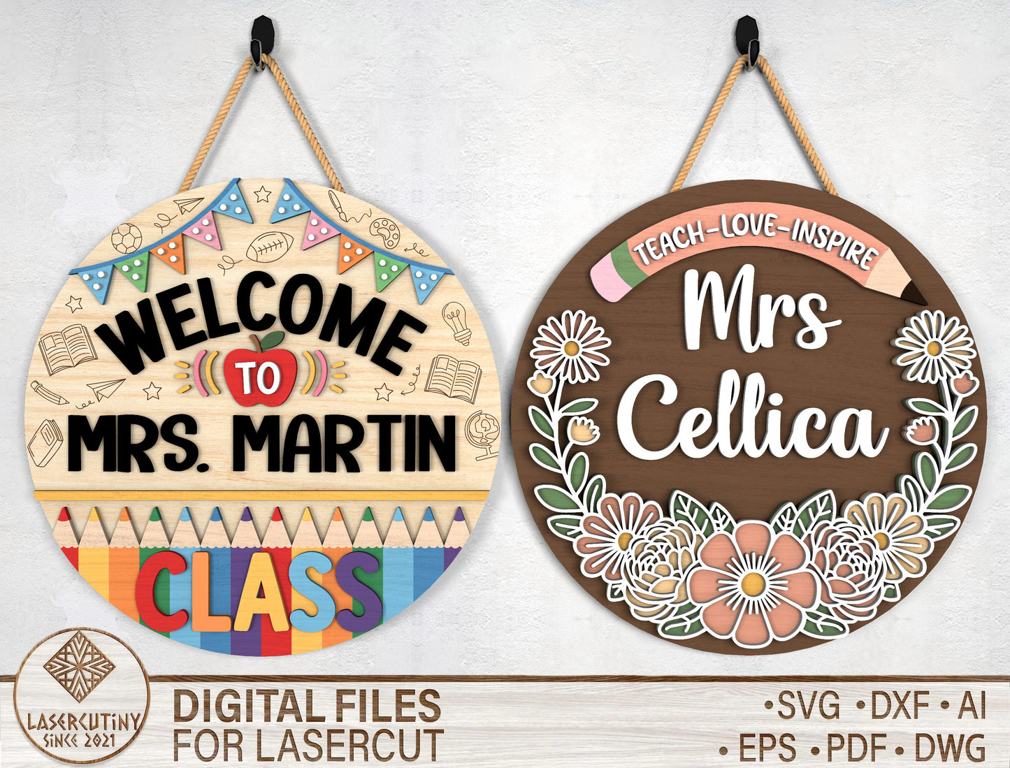Personalized Boho Floral Teacher Door Sign SVG Laser Cut File for Glowforge and xTool