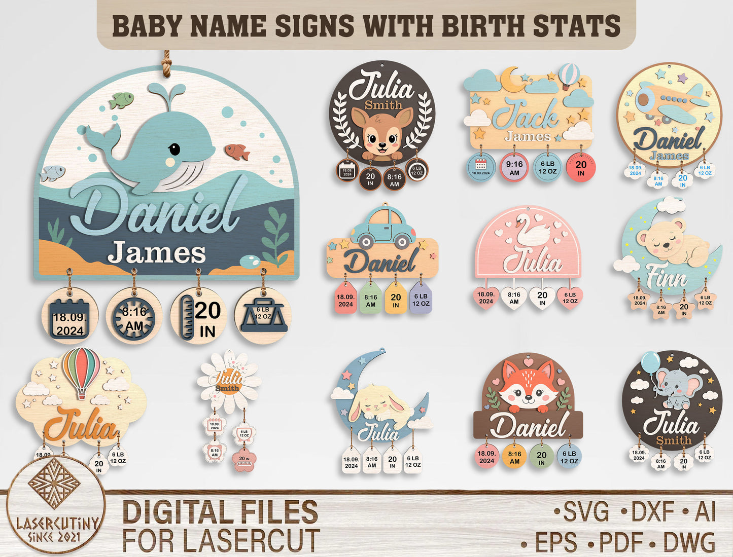 Baby Name Sign SVG Bundle Laser Cut File for Glowforge and xTool