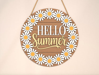 “Hello Summer” Daisy Wreath Door Sign SVG for Glowforge