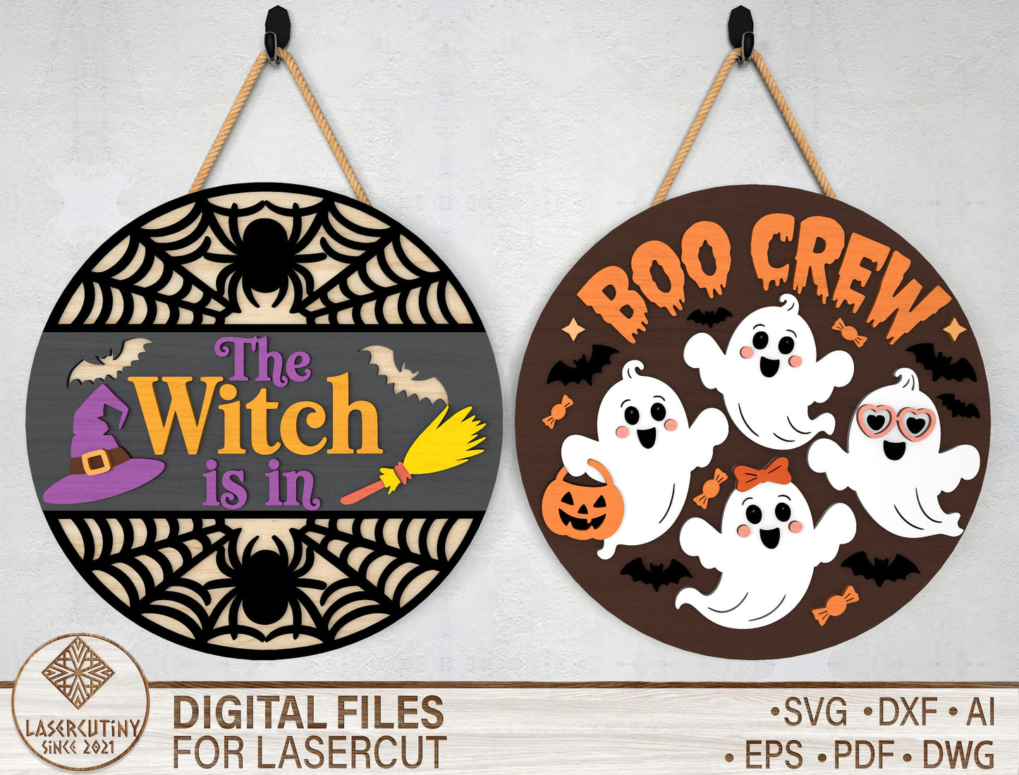 2 Witch and Ghost Halloween Door Sign SVG Laser Cut Bundle for LightBurn