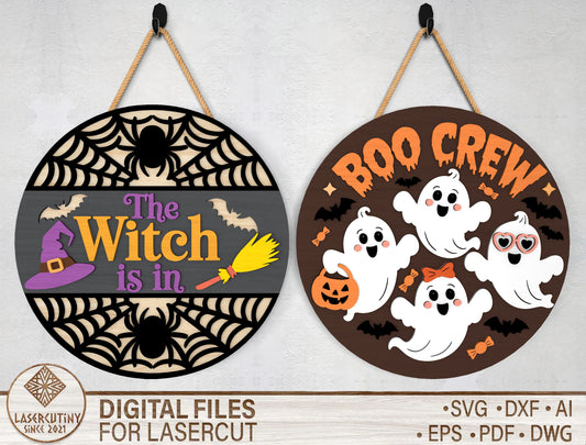 2 Witch and Ghost Halloween Door Sign SVG Laser Cut Bundle for LightBurn