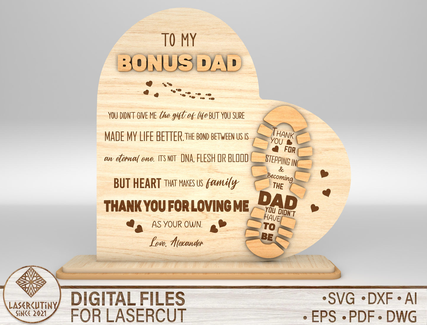 "To My Bonus Dad" Keepsake Sign SVG Laser Cut File for Glowforge and LightBurn