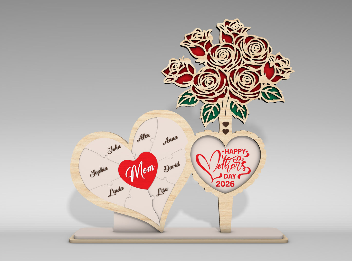 Personalized Mom Heart Rose Bouquet Sign SVG for Glowforge and xTool