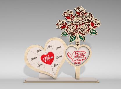 Personalized Mom Heart Rose Bouquet Sign SVG for Glowforge and xTool