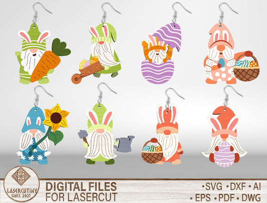 Easter Gnome Earrings SVG Set 8 Cute Bunny Jewelry for LightBurn and xTool
