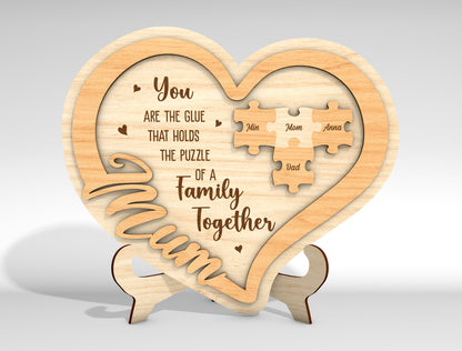 Personalized Mom Heart Puzzle Sign SVG for Glowforge and xTool