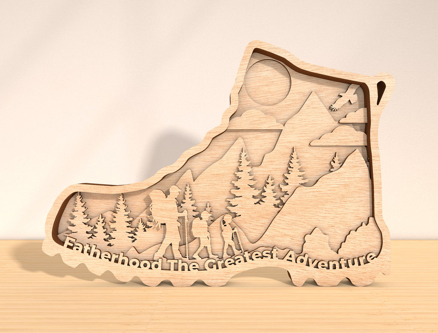 Fatherhood The Greatest Adventure Laser Cut File | Dad Hiking Scene Decor | Layered Mountain Wooden Art | Glowforge, xTool, LightBurn, etc.