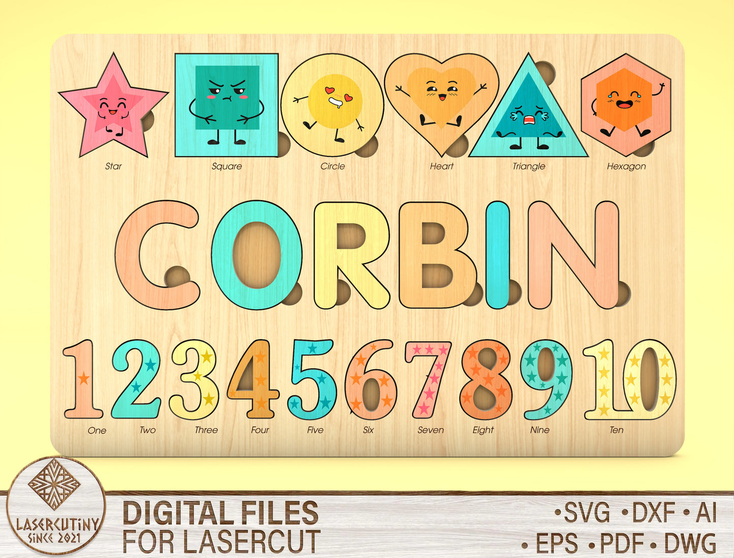 Shape and Number Name Puzzle SVG for xTool and Glowforge
