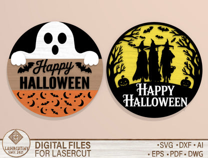 Happy Halloween Round Door Hanger SVG Set for Glowforge xTool LightBurn 2 Designs