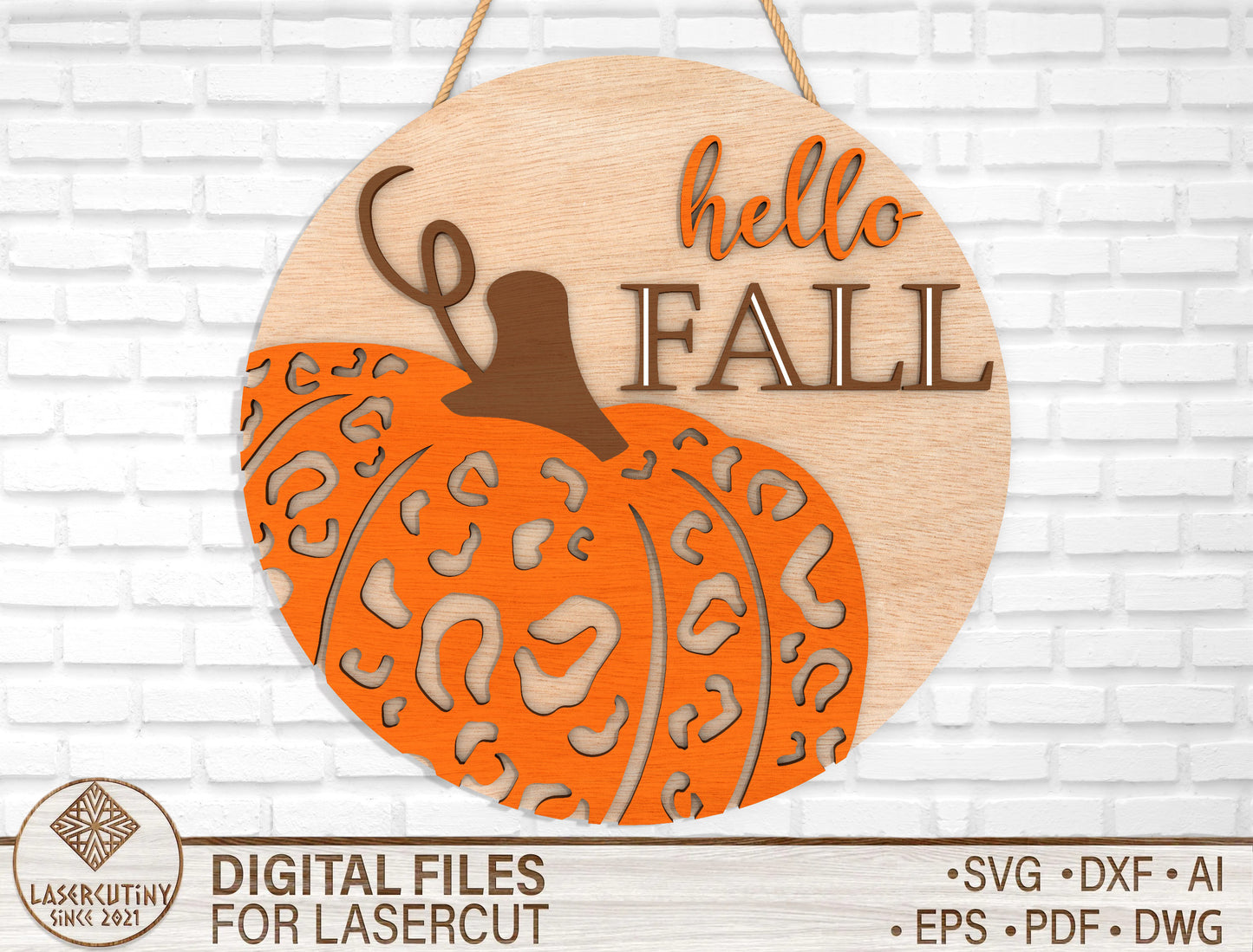 Hello Fall Leopard Pumpkin Door Hanger SVG for Glowforge xTool LightBurn