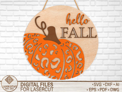Hello Fall Leopard Pumpkin Door Hanger SVG for Glowforge xTool LightBurn