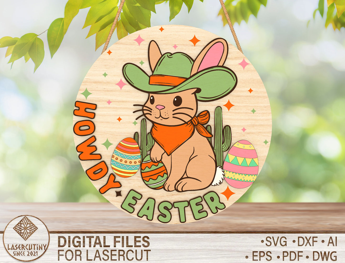 Howdy Easter Cowboy Bunny Door Hanger SVG Laser Cut for Glowforge and xTool