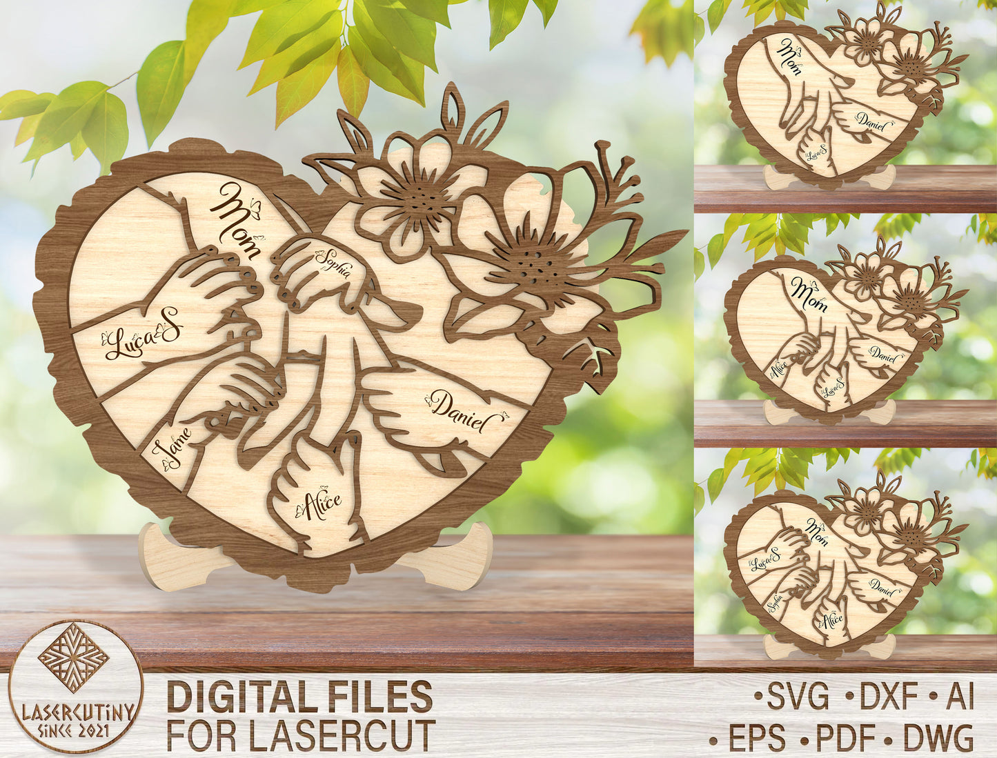 Personalized Mom Hands Heart SVG Wooden Name Sign for xTool