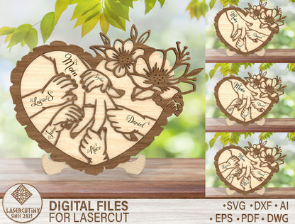 Personalized Mom Hands Heart SVG Wooden Name Sign for xTool