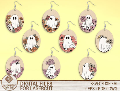 9 Floral Ghost Earrings SVG Halloween Laser Cut Bundle for xTool