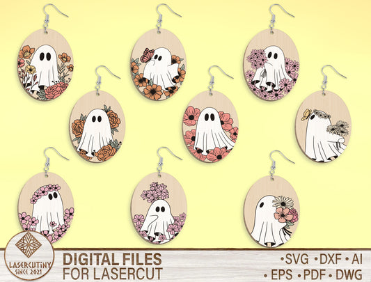 9 Floral Ghost Earrings SVG Halloween Laser Cut Bundle for xTool