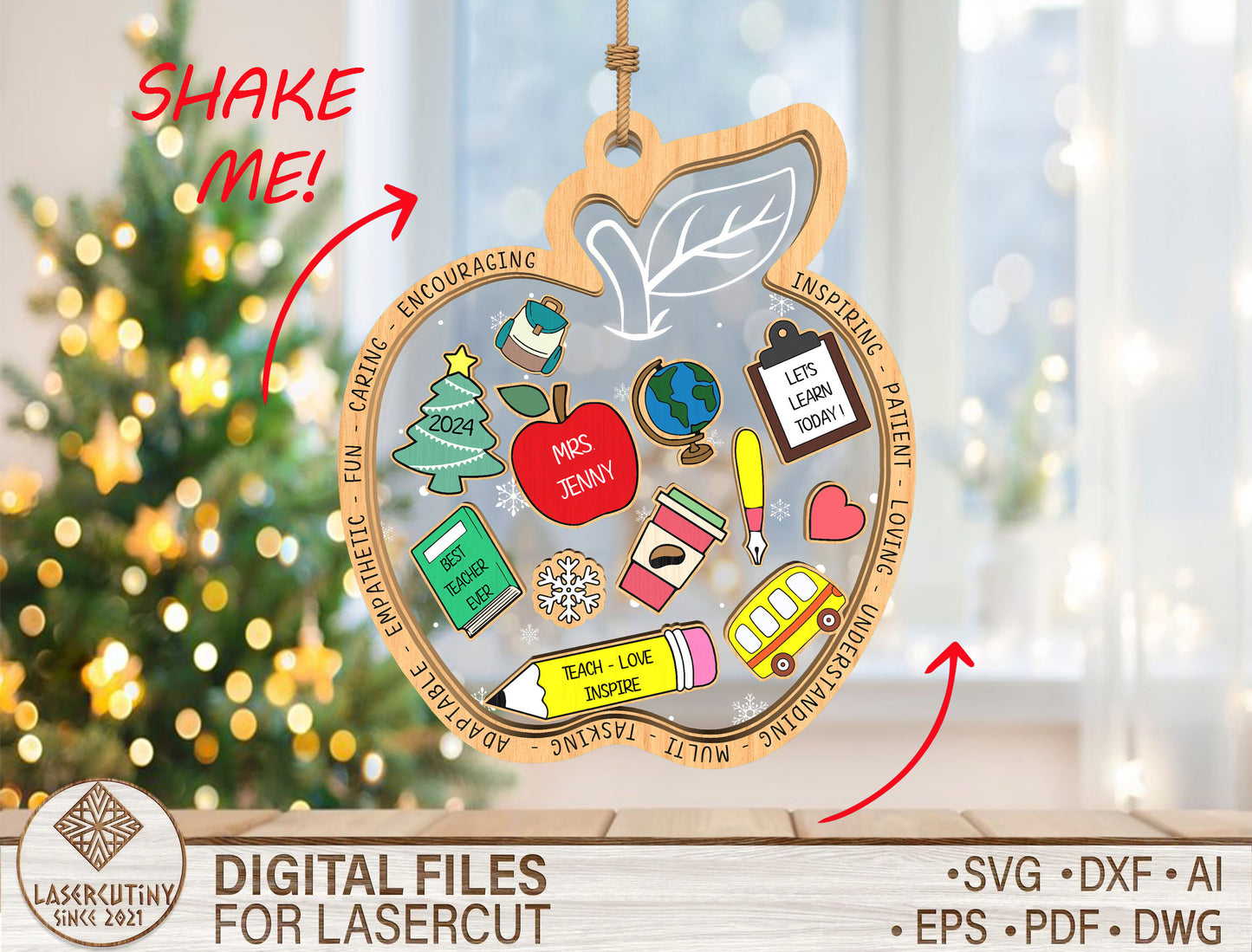 Personalized Teacher Apple Shaker Ornament SVG for Glowforge and xTool