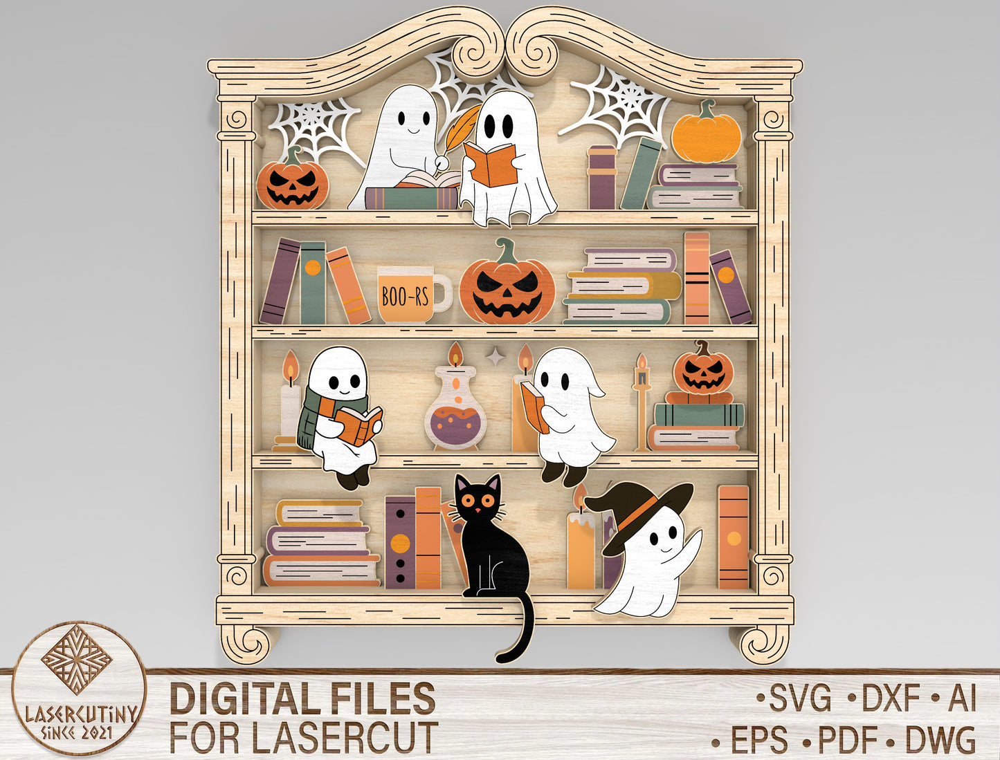 Halloween Ghost Bookshelf SVG Laser Cut Shelf Decor for LightBurn