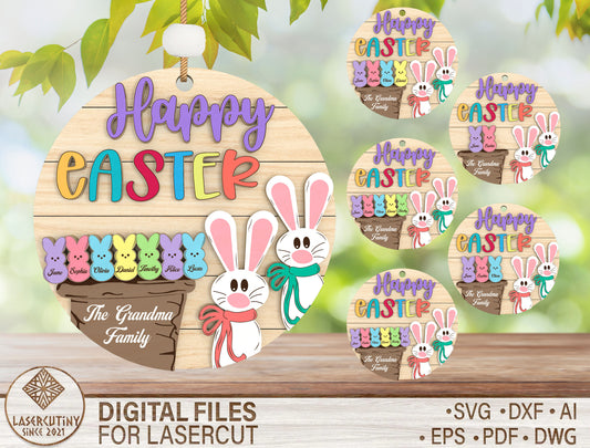 Personalized Easter Family Ornament SVG Happy Easter Peeps for LightBurn