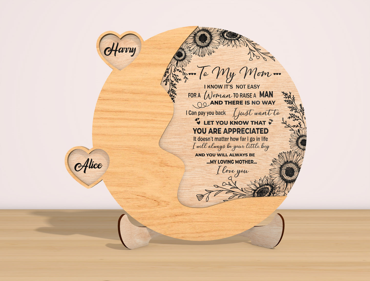 Personalized Mom Heart Sign SVG Sunflower Laser Cut File for LightBurn and xTool