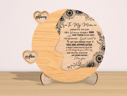 Personalized Mom Heart Sign SVG Sunflower Laser Cut File for LightBurn and xTool