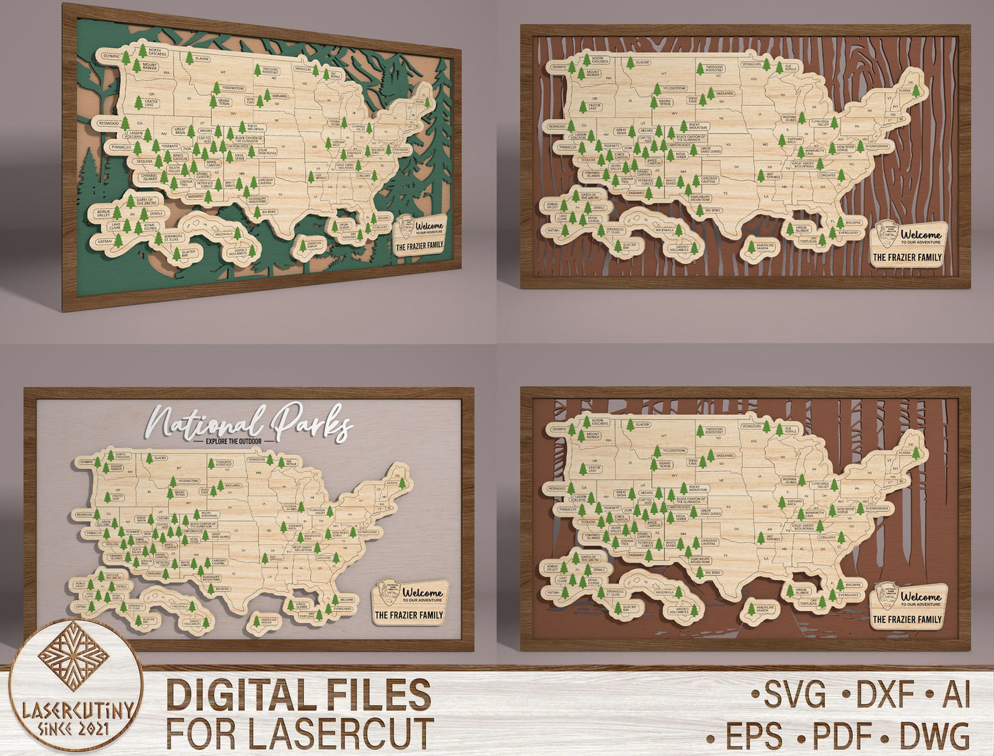 USA National Parks Map SVG Laser Cut File for xTool and Glowforge