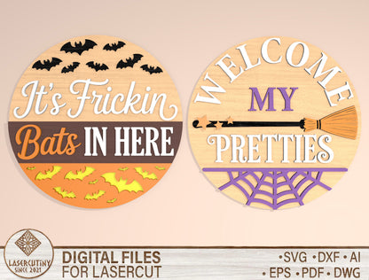 It's Frickin Bats In Here and Welcome My Pretties Door Hanger SVG Set for Glowforge xTool