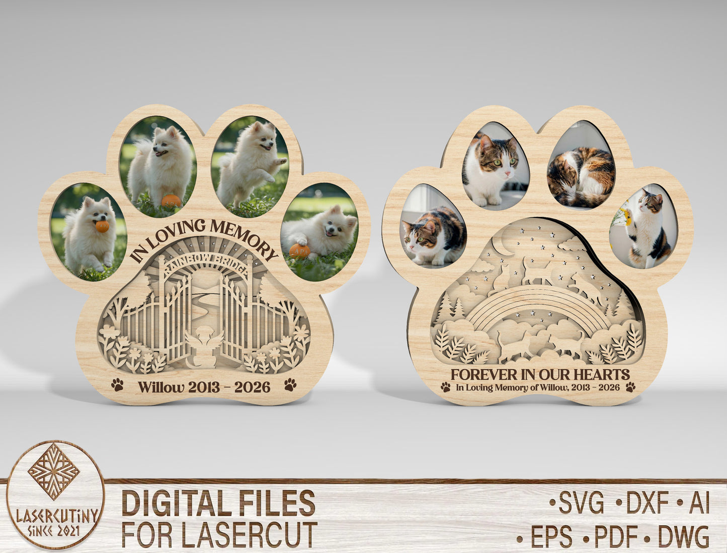 Pet Memorial Multilayer Photo Frame SVG Paw Decor Laser Cut File for Glowforge