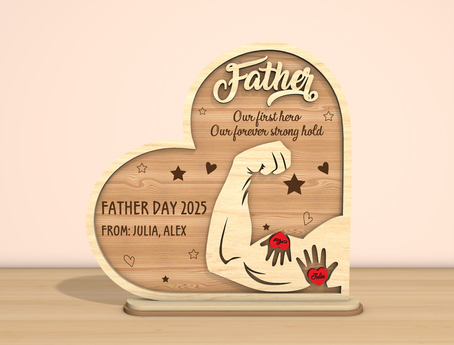 Father’s Day Strength Heart Laser Cut File | Dad Pops Papa Tabletop Sign | Family Love Wooden Decor | Glowforge, xTool, LightBurn, etc.