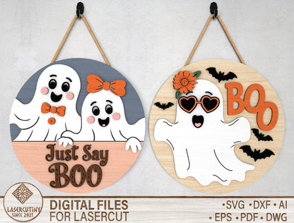 2 Cute Ghost Halloween Door Sign SVG Laser Cut Bundle for Glowforge
