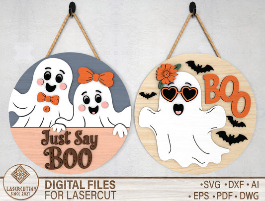 2 Cute Ghost Halloween Door Sign SVG Laser Cut Bundle for Glowforge