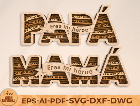 Papá & Mamá Hero Word Laser Cut File | Spanish Family Quote Decor | Layered Wooden Typography | Glowforge, xTool, LightBurn, etc.