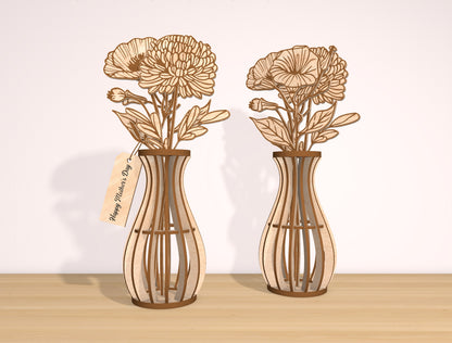 Wooden Flower Vase SVG Bundle 3 Vases 21 Flowers for LightBurn and xTool