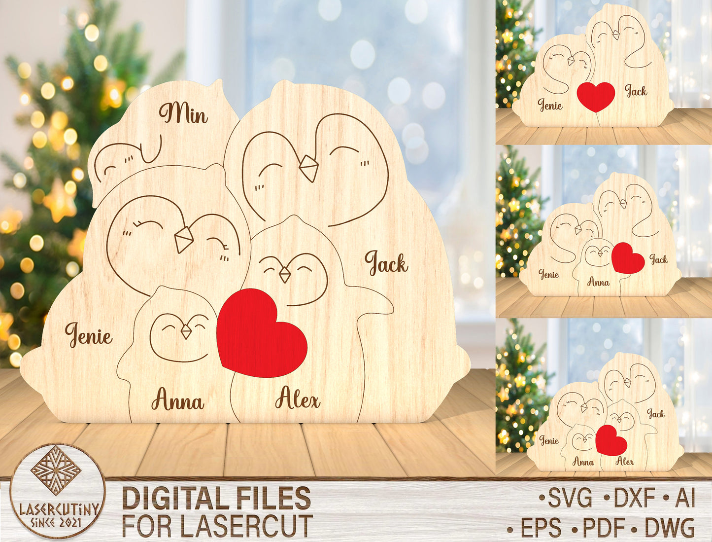 Personalized Penguin Family Puzzle SVG for Glowforge and xTool