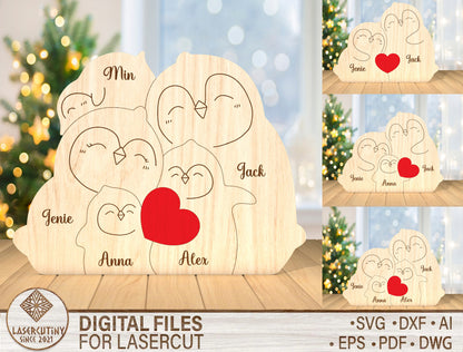 Personalized Penguin Family Puzzle SVG for Glowforge and xTool