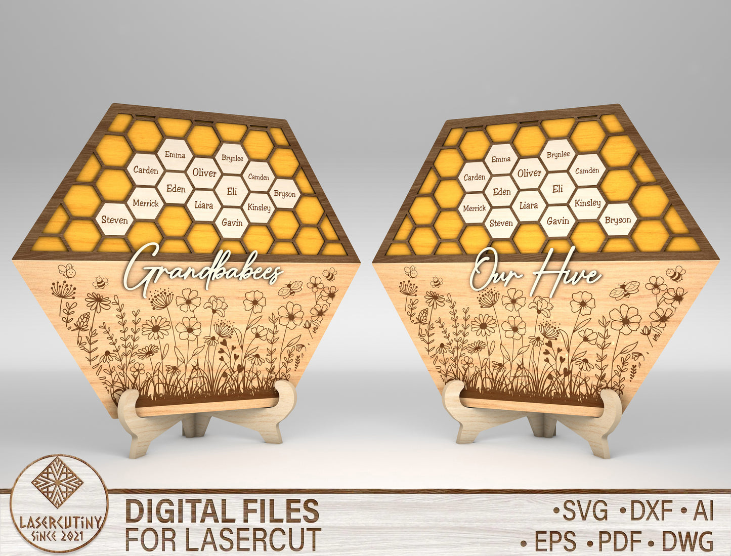 Bee Family Honeycomb Name Sign SVG for LightBurn and xTool