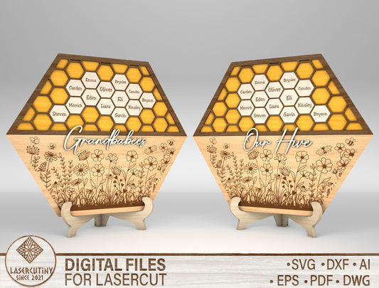 Bee Family Honeycomb Name Sign SVG for LightBurn and xTool