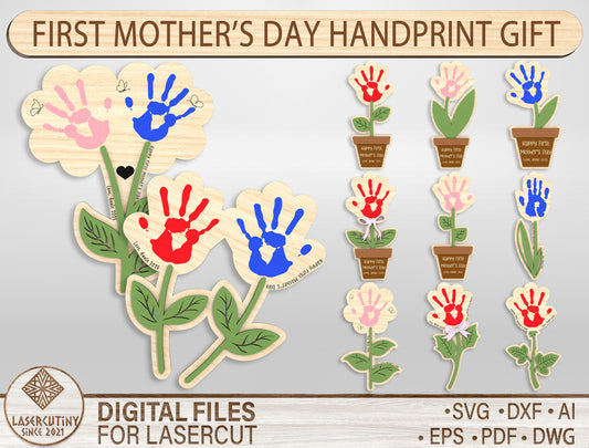 First Mother's Day Handprint Flower SVG Baby for Glowforge and xTool