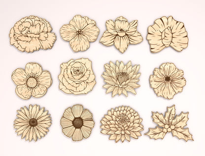 12 Month Flower Shapes Laser Cut File Bundle | Birth Flower Icons | Botanical Wood Cutouts | Glowforge, xTool, LightBurn, etc.
