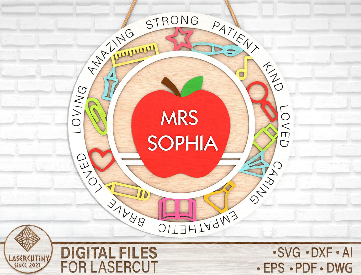 Personalized Apple Classroom Ornament SVG Laser Cut File for Glowforge and xTool