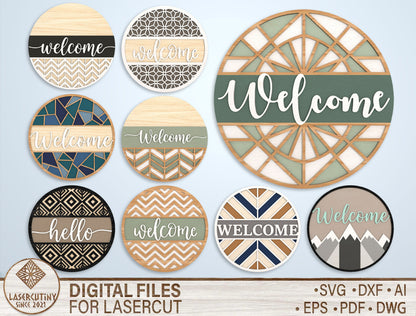 Geometric Welcome Door Sign SVG Bundle for LightBurn and Glowforge