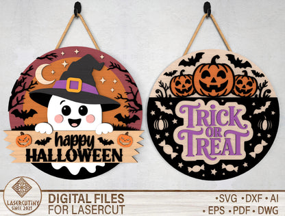 2 Halloween Pumpkin Door Sign SVG Ghost Laser Cut Bundle for xTool