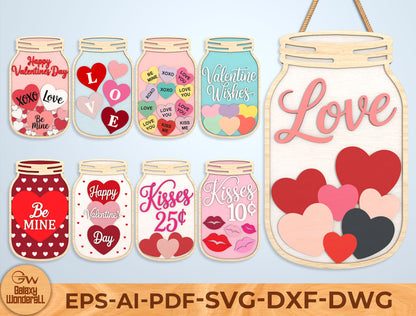 Valentine Mason Jar Laser Cut File Bundle | Love Candy Jar SVG Set | Romantic Wooden Decor Design | Glowforge, xTool, LightBurn, etc.