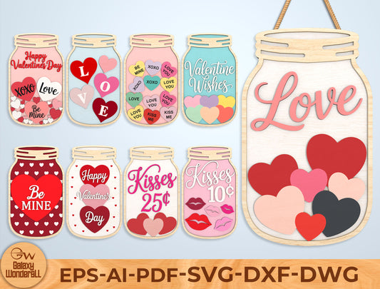 Valentine Mason Jar Laser Cut File Bundle | Love Candy Jar SVG Set | Romantic Wooden Decor Design | Glowforge, xTool, LightBurn, etc.