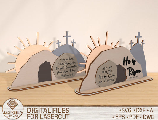 Easter Tomb Scene SVG Bundle He Is Risen Cross Landscape for LightBurn